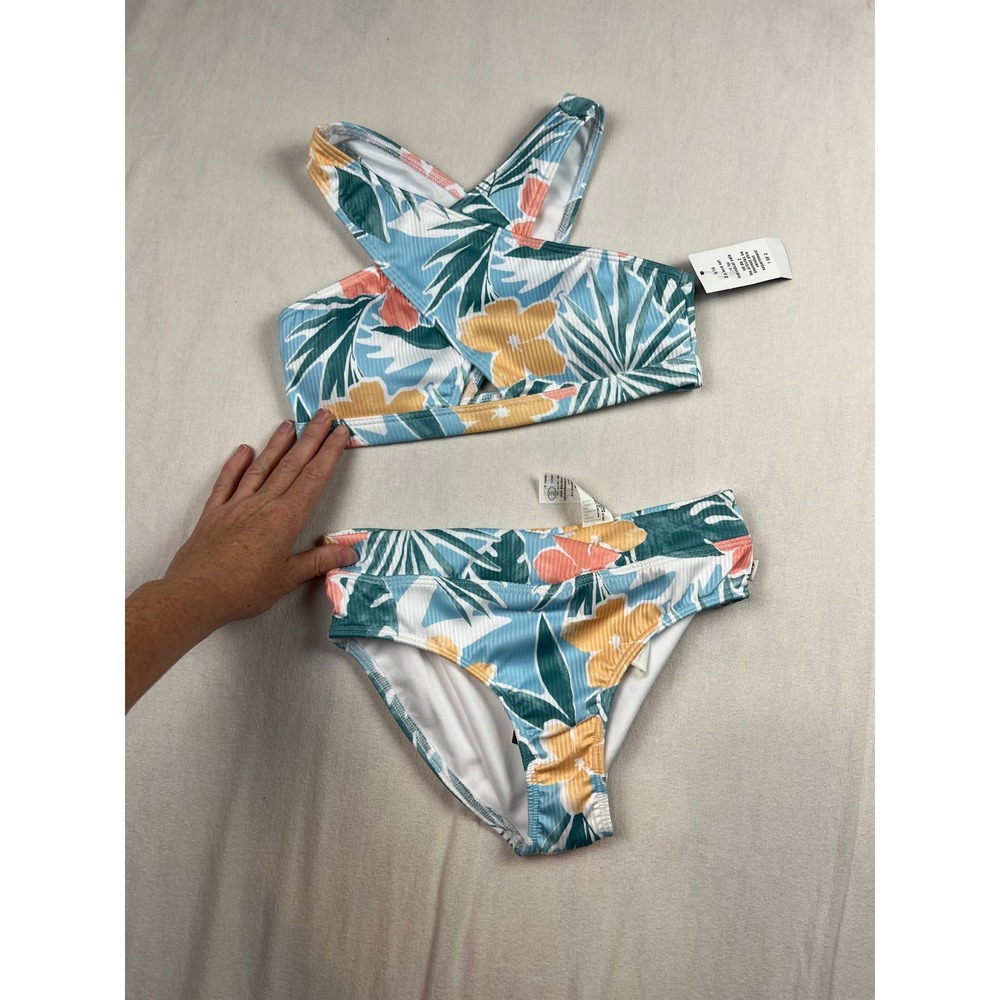 Abercrombie Kids Girls Tropical Floral Ribbed Wrap Bikini Set Blue Size 9/10 NWT
